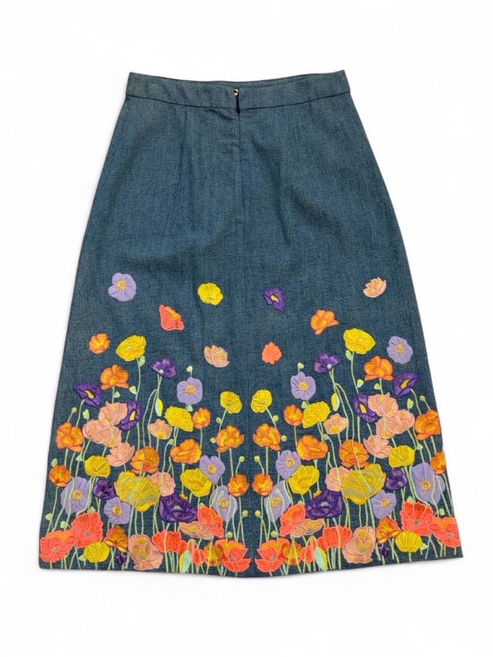Alice + Olivia Black Denim A-Line Skirt with Multicolor Floral Embroidery - Picture 6 of 10